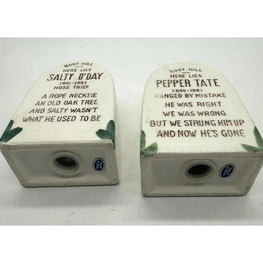 Vintage Boot Hill Tombstone Salt Pepper Shakers Salty O'Day Pepper Tate Japan
